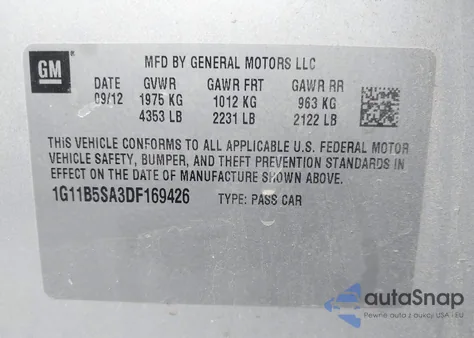 2013 Chevrolet Malibu 1Ls z USA, uszkodzony, nr VIN 1G11B5SA3DF169426